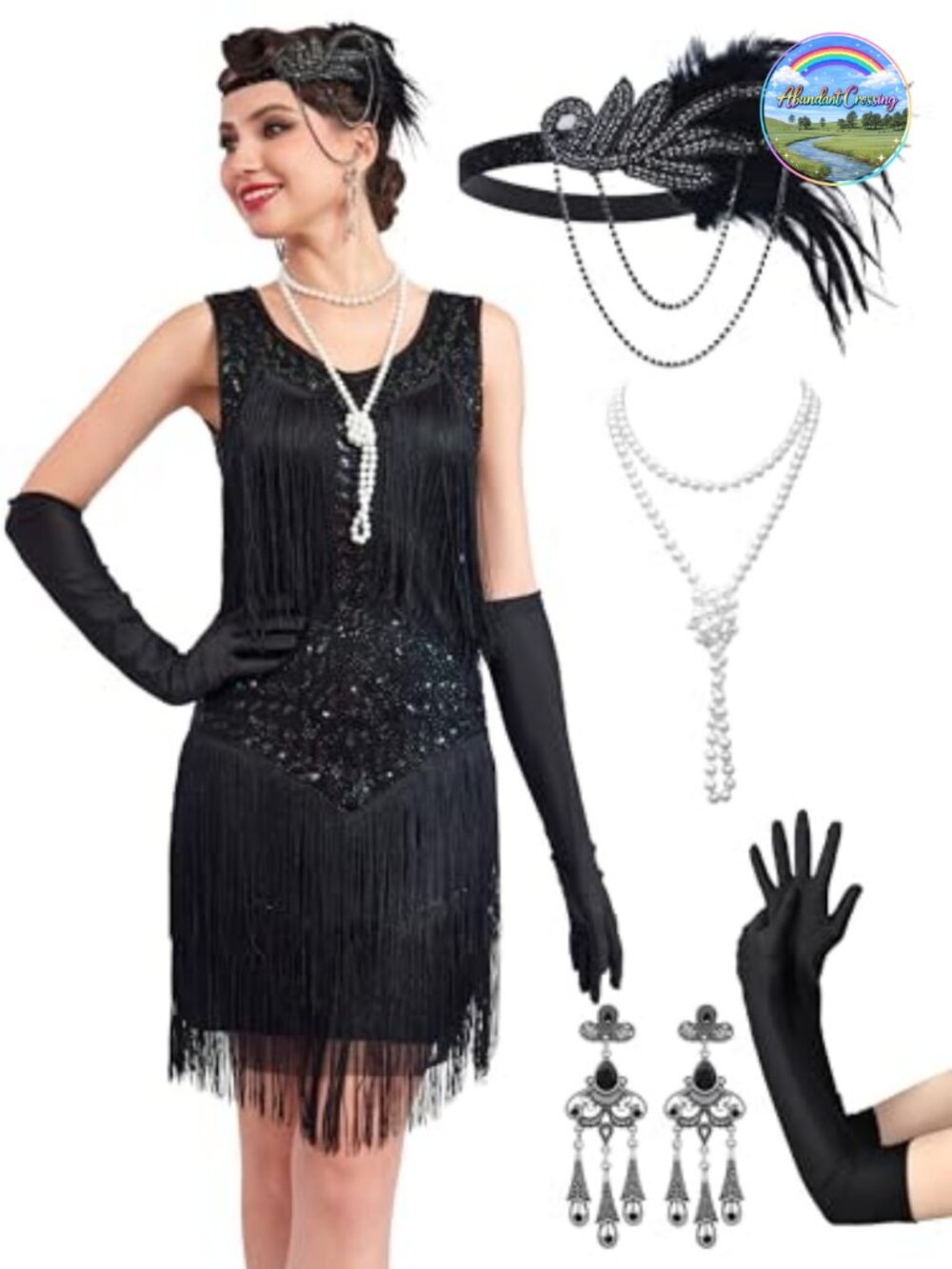 1920s Flapper Dress Lace V-Neck Fringe Great Gatsby Costume with Accessories